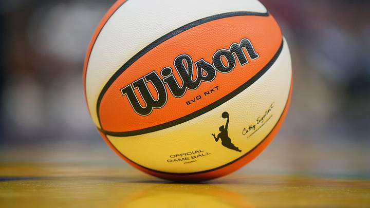 Jul 7, 2024; Los Angeles, California, USA; Detail view of a Wilson official WNBA Evo NXT basketball on the court at the Crypto.com Arena. Mandatory Credit: Kirby Lee-Imagn Images