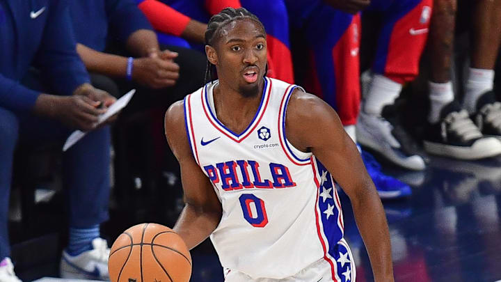 Nov 6, 2024; Inglewood, California, USA; Philadelphia 76ers guard Tyrese Maxey (0) controls the ball against the Los Angeles Clippers during the first half at Intuit Dome. Mandatory Credit: Gary A. Vasquez-Imagn Images