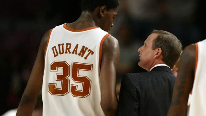 Nov 16, 2006; New York, NY, USA; Texas Longhorns head coach Rick Barnes talks with guard (35) Kevin Durant during the 2K Sports College Hoops Classic game against the Michigan State Spartans.