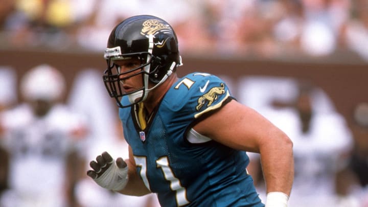 Sep 03, 2000; Cleveland, OH, USA; FILE PHOTO; Jacksonville Jaguars tackle Tony Boselli in action against the Cleveland Browns at Cleveland Browns Stadium. The Jaguars beat the Browns 27-7. Mandatory Credit: Matthew Emmons-USA TODAY Sports Sep 03, 2000; Cleveland, OH, USA; FILE PHOTO; Jacksonville Jaguars tackle Tony Boselli in action against the Cleveland Browns at Cleveland Browns Stadium. The Jaguars beat the Browns 27-7. Mandatory Credit: Matthew Emmons-USA TODAY Sports