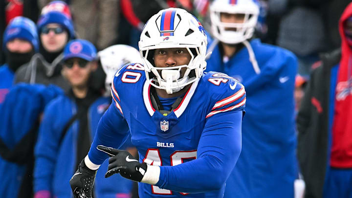 Jan 12, 2025; Orchard Park, New York, USA; Buffalo Bills linebacker Von Miller (40) rushes the quarterback in the third quarter of an AFC wild card game against the Denver Broncos at Highmark Stadium. Mandatory Credit: Mark Konezny-Imagn Images