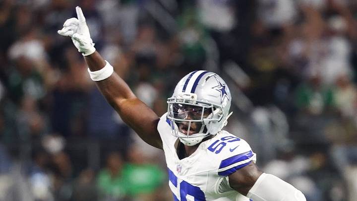 Nov 23, 2025; Arlington, Texas, USA; Dallas Cowboys linebacker Kenneth Murray, Jr. (59) reacts after retrieving a fumble in the fourth quarter against the Philadelphia Eagles  at AT&T Stadium. Mandatory Credit: Kevin Jairaj-Imagn Images