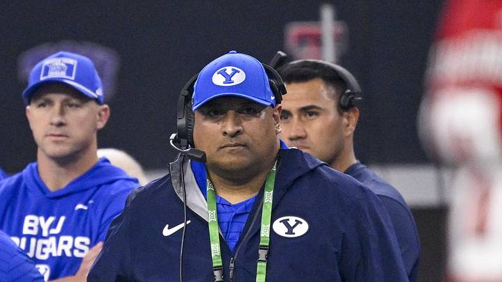 Dec 6, 2025; Arlington, TX, USA; BYU Cougars head coach Kalani Sitake looks on during the game between the Red Raiders and the Cougars at AT&T Stadium. Mandatory Credit: Jerome Miron-Imagn Images