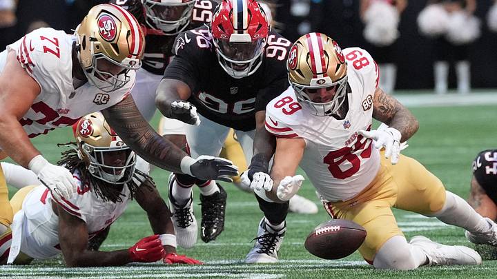 Atlanta Falcons defensive end Zach Harrison (96) and San Francisco 49ers tight end Luke Farrell (89) Atlanta Falcons defensive end Zach Harrison (96) and San Francisco 49ers tight end Luke Farrell (89)