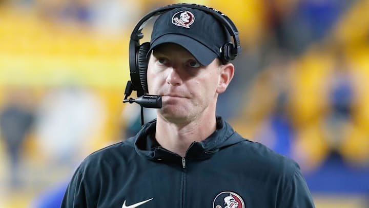 Nov 4, 2023; Pittsburgh, Pennsylvania, USA;  Florida State Seminoles senior offensive analyst of quarterbacks Austin Tucker looks on against the Pittsburgh Panthers during the fourth quarter at Acrisure Stadium. Mandatory Credit: Charles LeClaire-Imagn Images