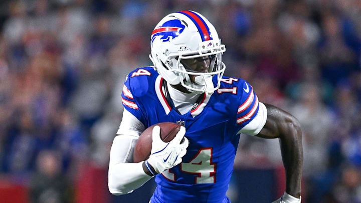 Sep 18, 2025; Orchard Park, New York, USA; Buffalo Bills wide receiver Tyrell Shavers (14) runs after making a catch against the Miami Dolphins in the second quarter at Highmark Stadium. Mandatory Credit: Mark Konezny-Imagn Images