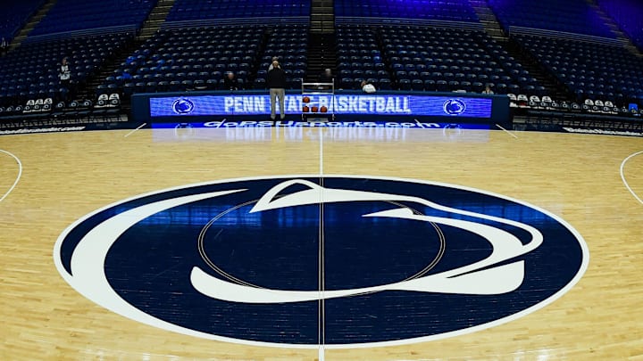 A general view of the Penn State Nittany Lions logo at the Bryce Jordan Center in State College. 