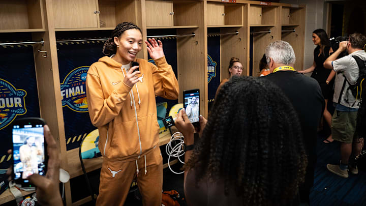 Texas Longhorns guard Ndjakalenga Mwenentanda (32) speaks to the media during open locker room at Amalie Arena in Tampa, Florida, Thursday, April 3, 2025 ahead of their Final Four match-up against the South Carolina Gamecocks on Friday.