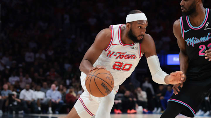 Feb 28, 2026; Miami, Florida, USA; Houston Rockets guard Josh Okogie (20) drives to the basket against Miami Heat forward Andrew Wiggins (22) during the first quarter at Kaseya Center. Mandatory Credit: Sam Navarro-Imagn Images Feb 28, 2026; Miami, Florida, USA; Houston Rockets guard Josh Okogie (20) drives to the basket against Miami Heat forward Andrew Wiggins (22) during the first quarter at Kaseya Center. Mandatory Credit: Sam Navarro-Imagn Images