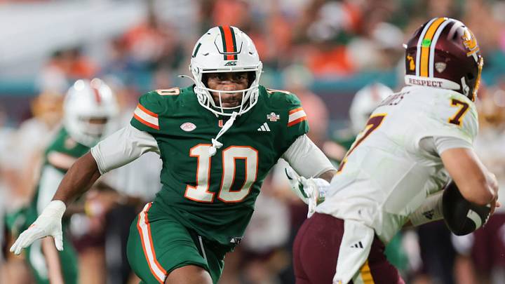 Sep 26, 2026; Miami Gardens, Florida, USA; Miami Hurricanes defensive end Damon Wilson II (10) defends against Central Michigan Chippewas quarterback Angel Flores (7) during the second quarter at Hard Rock Stadium. Mandatory Credit: Sam Navarro-Imagn Images