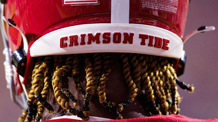 Nov 9, 2024; Baton Rouge, Louisiana, USA; Detailed view of the Alabama Crimson Tide helmet during the game against the LSU Tigers  at Tiger Stadium. Mandatory Credit: Stephen Lew-Imagn Images