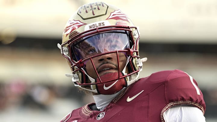 Oct 4, 2025; Tallahassee, Florida, USA; Florida State Seminoles quarterback Tommy Castellanos (1) warms up before a game against the Miami Hurricanes at Doak S. Campbell Stadium. Mandatory Credit: Melina Myers-Imagn Images