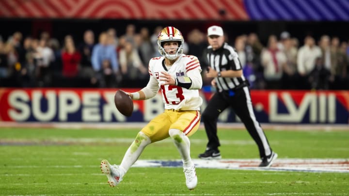 Feb 11, 2024; Paradise, Nevada, USA; San Francisco 49ers quarterback Brock Purdy (13) against the Kansas City Chiefs in Super Bowl LVIII at Allegiant Stadium. Mandatory Credit: Mark J. Rebilas-USA TODAY Sports