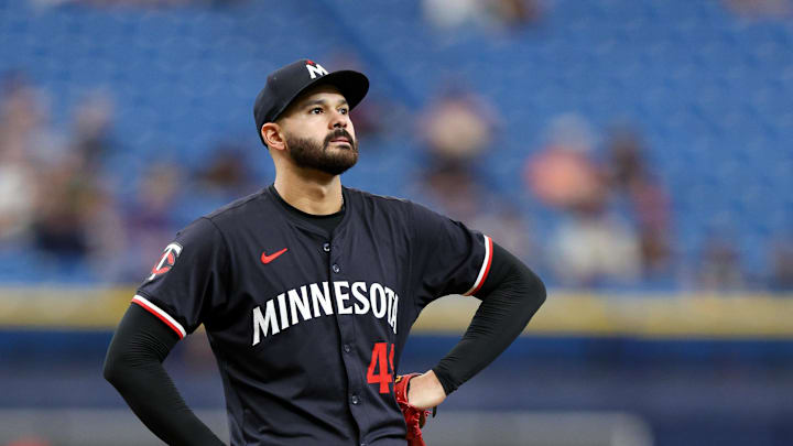 Sep 5, 2024; St. Petersburg, Florida, USA; Minnesota Twins pitcher Pablo Lopez (49) looks on against the Tampa Bay Rays in the seventh inning at Tropicana Field. Mandatory Credit: Nathan Ray Seebeck-Imagn Images