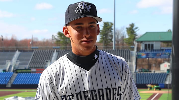 Hudson Valley Renegades infielder George Lombard Jr. is interviewed during media day on April 1, 2025.