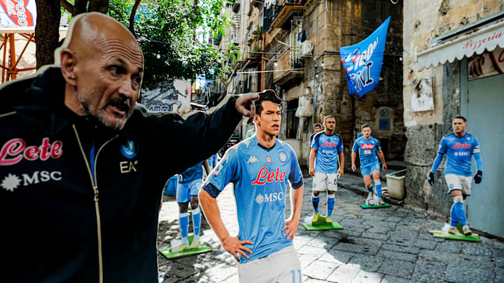 Cardboard cutouts of SSC Napoli coach luciano Spalletti and...