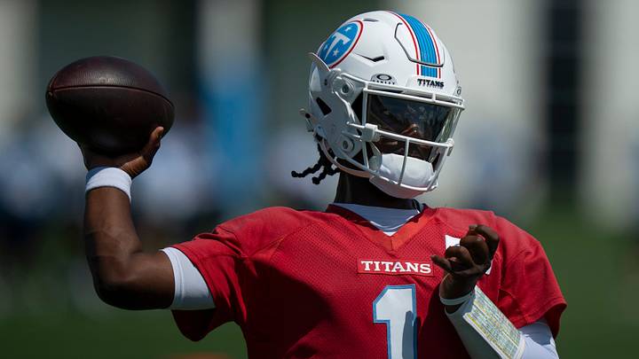 Tennessee Titans quarterback Cam Ward (1) throws at team practice Vanderbilt Health Football Center Tuesday, Sept. 1, 2026. Tennessee Titans quarterback Cam Ward (1) throws at team practice Vanderbilt Health Football Center Tuesday, Sept. 1, 2026.