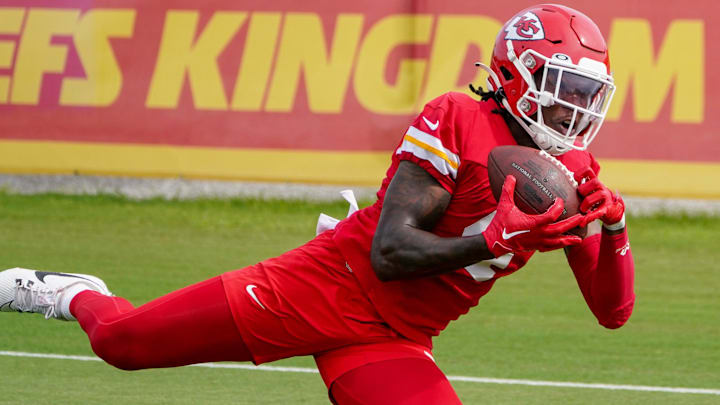 Jul 24, 2023; St. Joseph, MO, USA; Kansas City Chiefs wide receiver Rashee Rice (4) catches a pass