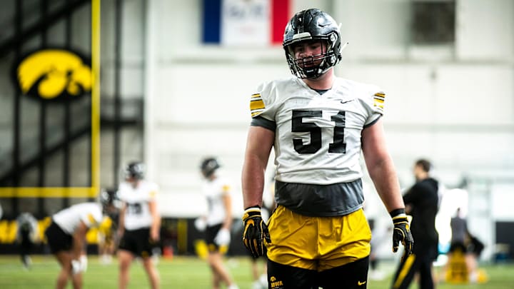Iowa defensive lineman Luke Gaffney (51) runs a drill during a spring NCAA football practice, Thursday, March 30, 2023, at the University of Iowa Indoor Practice Facility in Iowa City, Iowa.
230330 Iowa Spring Fb 059 Jpg Iowa defensive lineman Luke Gaffney (51) runs a drill during a spring NCAA football practice, Thursday, March 30, 2023, at the University of Iowa Indoor Practice Facility in Iowa City, Iowa.
230330 Iowa Spring Fb 059 Jpg