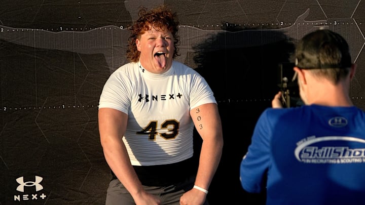 A little bit of hamming it up, (#43) Breck Kolojay, OL, 6'6, 317 pounds, for the white team, Class of 2026, during IMG's Academy Pro Day held at IMG's football field in Bradenton, FL on Thursday, Feb, 27, 2025. A little bit of hamming it up, (#43) Breck Kolojay, OL, 6'6, 317 pounds, for the white team, Class of 2026, during IMG's Academy Pro Day held at IMG's football field in Bradenton, FL on Thursday, Feb, 27, 2025.