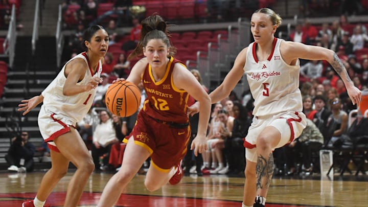 Iowa State's Kenzie Hare dribbles against Texas Tech in a Big 12 women's basketball game Wednesday, Jan. 28, 2026, at United Supermarkets Arena.