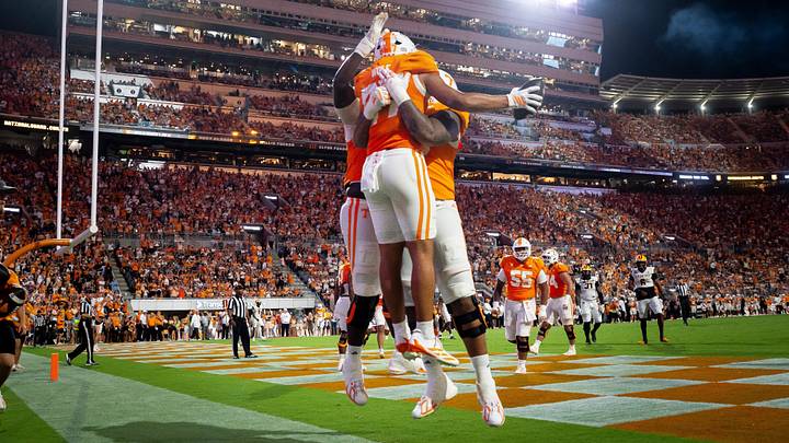 Tennessee tight end Luca Wolf (87) celebrates with teammates after getting the two-point conversion during Tennessee’s college football game against Kennesaw State at Neyland Stadium in Knoxville on Sept. 19, 2026. Tennessee tight end Luca Wolf (87) celebrates with teammates after getting the two-point conversion during Tennessee’s college football game against Kennesaw State at Neyland Stadium in Knoxville on Sept. 19, 2026.