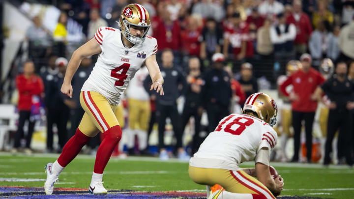 Feb 11, 2024; Paradise, Nevada, USA; San Francisco 49ers kicker Jake Moody (4) against the Kansas