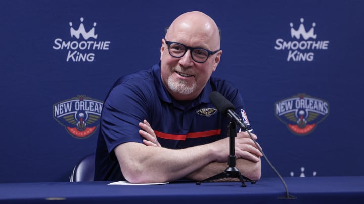 Sep 26, 2022; New Orleans, LA, USA; New Orleans Pelicans vice president of basketball operations David Griffin during a press conference at the New Orleans Pelicans Media Day from the Smoothie King Center Sep 26, 2022; New Orleans, LA, USA; New Orleans Pelicans vice president of basketball operations David Griffin during a press conference at the New Orleans Pelicans Media Day from the Smoothie King Center