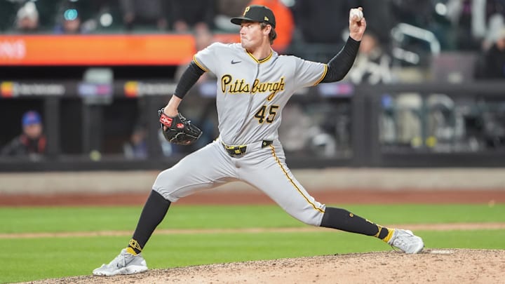 Mar 28, 2026; New York City, New York, USA; Pittsburgh Pirates pitcher Hunter Barco (45) delivers a pitch against the New York Mets during the eleventh inning at Citi Field. Mandatory Credit: Gregory Fisher-Imagn Images