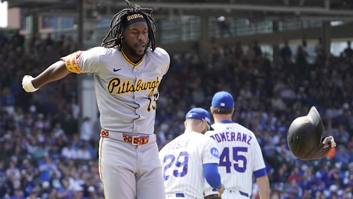 Jun 14, 2025; Chicago, Illinois, USA; Pittsburgh Pirates outfielder Oneil Cruz (15) throws his helmet after making the final out against the Chicago Cubs during the ninth inning at Wrigley Field. Mandatory Credit: David Banks-Imagn Images Jun 14, 2025; Chicago, Illinois, USA; Pittsburgh Pirates outfielder Oneil Cruz (15) throws his helmet after making the final out against the Chicago Cubs during the ninth inning at Wrigley Field. Mandatory Credit: David Banks-Imagn Images