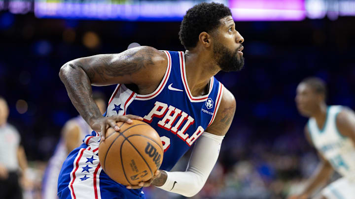 Nov 10, 2024; Philadelphia, Pennsylvania, USA; Philadelphia 76ers forward Paul George (8) controls the ball against the Charlotte Hornets during the fourth quarter at Wells Fargo Center. Mandatory Credit: Bill Streicher-Imagn Images