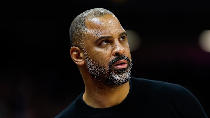 Dec 21, 2025; Sacramento, California, USA; Houston Rockets head coach Ime Udoka looks on during the second quarter against the Sacramento Kings at Golden 1 Center. Mandatory Credit: Sergio Estrada-Imagn Images