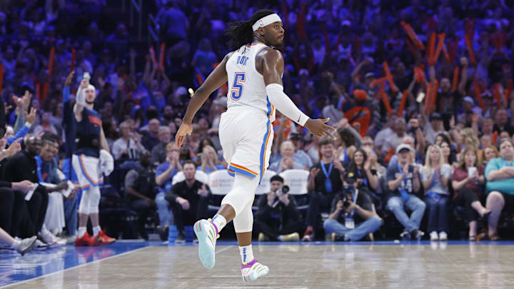 Mar 29, 2025; Oklahoma City, Oklahoma, USA; Oklahoma City Thunder guard Luguentz Dort (5) gestures after scoring a three point basket against the Indiana Pacers during the second quarter at Paycom Center. Mandatory Credit: Alonzo Adams-Imagn Images