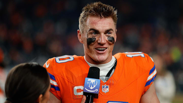 Nov 6, 2025; Denver, Colorado, USA; Denver Broncos quarterback Bo Nix (10) after the game against the Las Vegas Raiders at Empower Field at Mile High. 