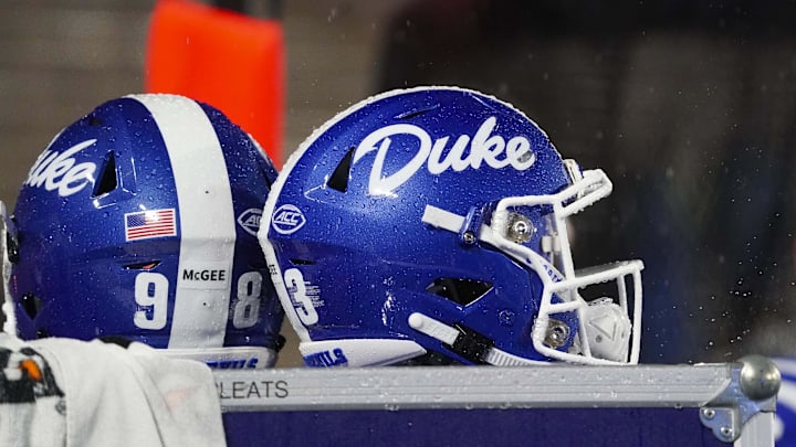 Nov 30, 2019; Durham, NC, USA; Duke Blue Devils helmet against the Miami Hurricanes during the second half at Wallace Wade Stadium. Mandatory Credit: James Guillory-Imagn Images Nov 30, 2019; Durham, NC, USA; Duke Blue Devils helmet against the Miami Hurricanes during the second half at Wallace Wade Stadium. Mandatory Credit: James Guillory-Imagn Images