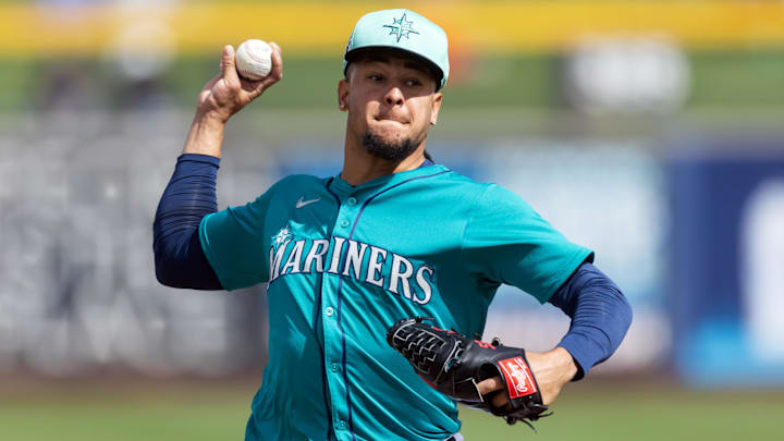 Seattle Mariners pitcher Luis Castillo throws during a spring training game against the Cleveland Guardians on March 3 at Peoria Sports Complex.