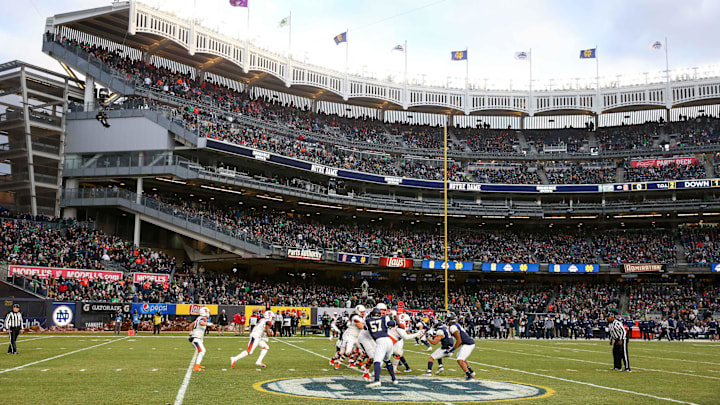 Nov 17, 2018; New York, NY, USA; General view of Yankee Stadium as Syracuse Orange running back Dontae Strickland (4) runs with the ball against the Notre Dame Fighting Irish during the second quarter. Mandatory Credit: Rich Barnes-USA TODAY Sports