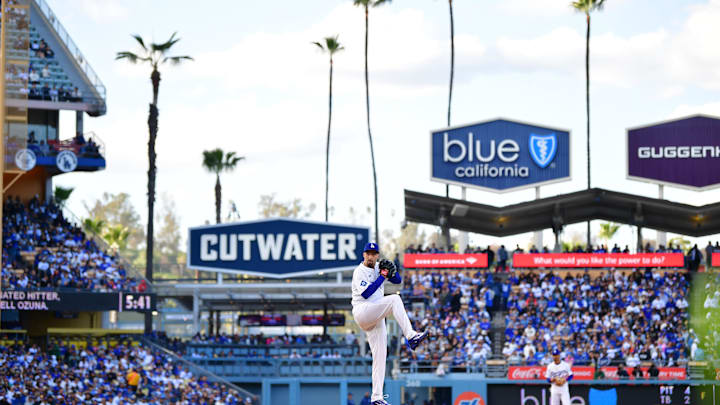 Apr 2, 2025; Los Angeles, California, USA; Los Angeles Dodgers pitcher Blake Snell (7) throws during the first inning against the Atlanta Braves at Dodger Stadium. Mandatory Credit: Gary A. Vasquez-Imagn Images