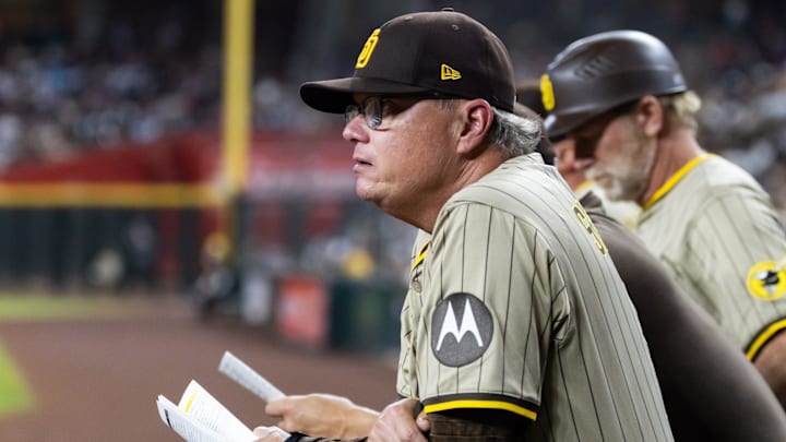 Jun 13, 2025; Phoenix, Arizona, USA; San Diego Padres manager Mike Shildt against the Arizona Diamondbacks at Chase Field. Mandatory Credit: Mark J. Rebilas-Imagn Images Jun 13, 2025; Phoenix, Arizona, USA; San Diego Padres manager Mike Shildt against the Arizona Diamondbacks at Chase Field. Mandatory Credit: Mark J. Rebilas-Imagn Images