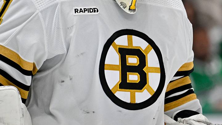Nov 6, 2023; Dallas, Texas, USA; A view of the Boston logo on the jersey of Boston Bruins goaltender Jeremy Swayman (1) during the game between the Dallas Stars and the Boston Bruins at the American Airlines Center. Mandatory Credit: Jerome Miron-USA TODAY Sports