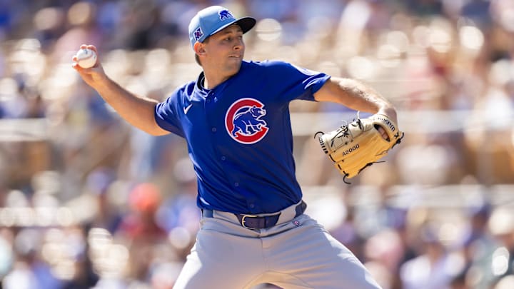 Feb 20, 2025; Phoenix, Arizona, USA; Chicago Cubs pitcher Cody Poteet against the Los Angeles Dodgers during a spring training game at Camelback Ranch-Glendale.