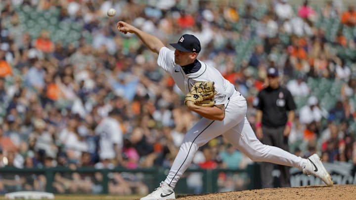 May 12, 2024; Detroit, Michigan, USA;  Detroit Tigers relief pitcher Alex Lange (55) pitches in the eighth inning against the Houston Astros at Comerica Park. 