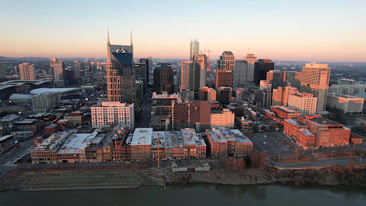 Jan 22, 2022; Nashville, Tennessee, USA; A general overall view of the downtown skyline and