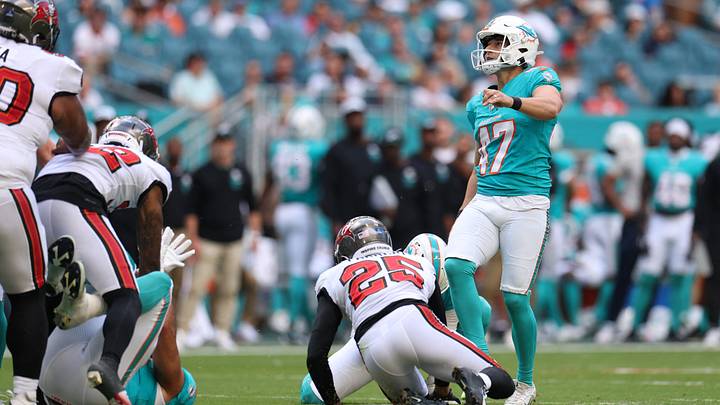 Miami Dolphins kicker Riley Patterson kicks a field goal during the second quarter against the Tampa Bay Buccaneers at Hard Rock Stadium in the 2025 season. Miami Dolphins kicker Riley Patterson kicks a field goal during the second quarter against the Tampa Bay Buccaneers at Hard Rock Stadium in the 2025 season.