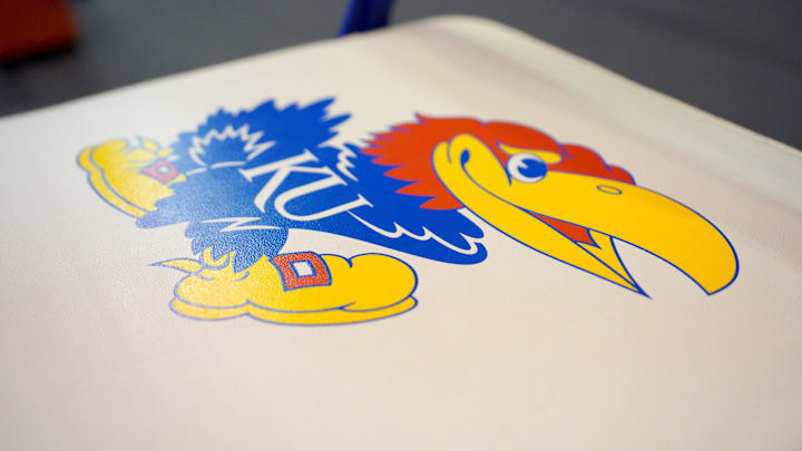 Jan 9, 2021; Lawrence, Kansas, USA; A general view of the Kansas Jayhawks logo on a bench seat