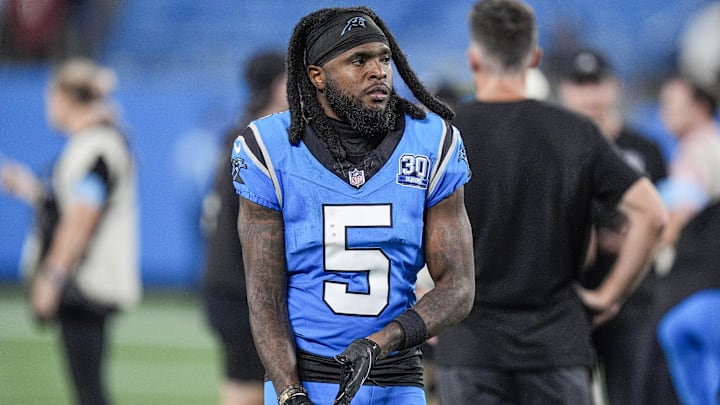 Oct 13, 2024; Charlotte, North Carolina, USA; Carolina Panthers wide receiver Diontae Johnson (5) makes his way back to the locker room after the end of the second half against the Atlanta Falcons at Bank of America Stadium. Mandatory Credit: Jim Dedmon-Imagn Images