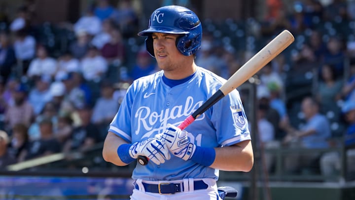 Mar 21, 2024; Surprise, Arizona, USA; Kansas City Royals designated hitter Gavin Cross against the Chicago White Sox during a spring training baseball game at Surprise Stadium. Mandatory Credit: Mark J. Rebilas-Imagn Images Mar 21, 2024; Surprise, Arizona, USA; Kansas City Royals designated hitter Gavin Cross against the Chicago White Sox during a spring training baseball game at Surprise Stadium. Mandatory Credit: Mark J. Rebilas-Imagn Images