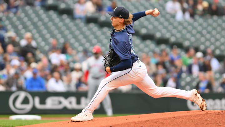 Seattle Mariners starting pitcher Bryce Miller throws during a game against the Los Angeles Angels on July 22 at T-Mobile Park.