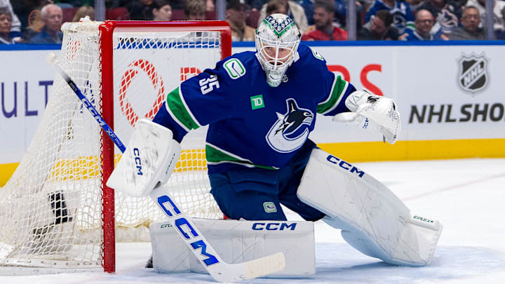 Apr 16, 2024; Vancouver, British Columbia, CAN; Vancouver Canucks goalie Thatcher Demko (35) in the goal against the Calgary Flames in the second period at Rogers Arena. Mandatory Credit: Bob Frid-Imagn Images Apr 16, 2024; Vancouver, British Columbia, CAN; Vancouver Canucks goalie Thatcher Demko (35) in the goal against the Calgary Flames in the second period at Rogers Arena. Mandatory Credit: Bob Frid-Imagn Images