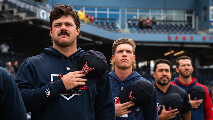 Pitchers Payton Tolle (left) and Connelly Early (second from left) stand for the national anthem ahead of Triple-A Worcester's game at Polar Park on Aug. 21, 2025. Pitchers Payton Tolle (left) and Connelly Early (second from left) stand for the national anthem ahead of Triple-A Worcester's game at Polar Park on Aug. 21, 2025.